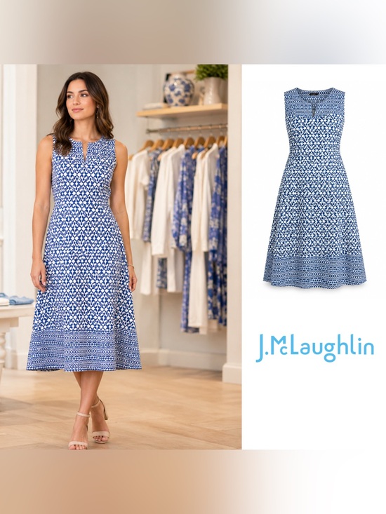 J. McLaughlin Dresses & Skirts - J. McLaughlin Navy and White Printed Sleeveless Midi Dress